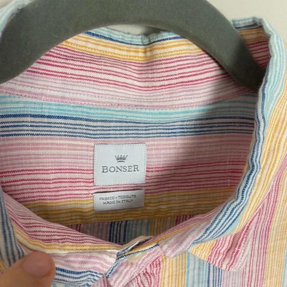 Bonser Striped Linen Cotton Button Up Shirt Mens XL Casual Long Sleeves Natural‎
